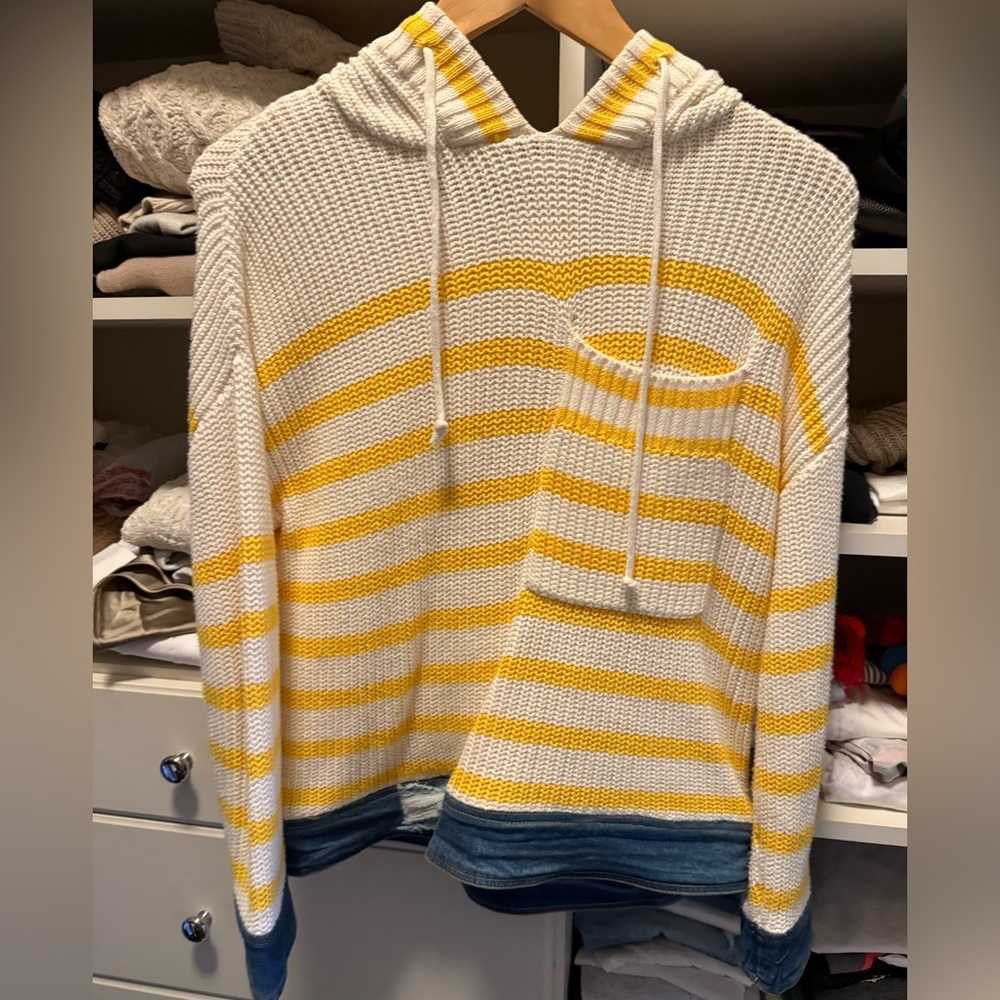 Central Park West Striped Knit Pullover Hoodie with Denim Detailing